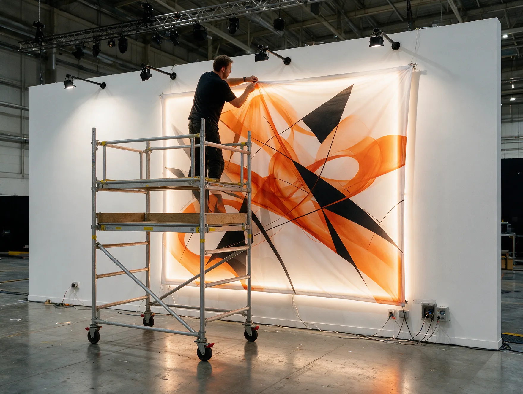 Instalador en andamio montando un panel de tela retroiluminado con gráfica naranja y negra