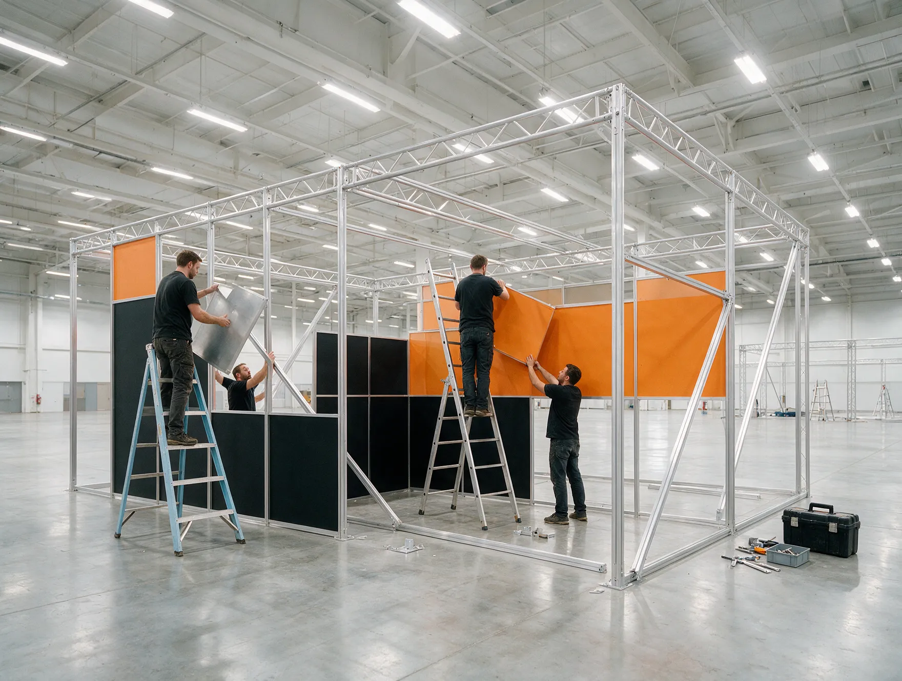 Equipe montando estrutura de stand com treliças e painéis em pavilhão de feira