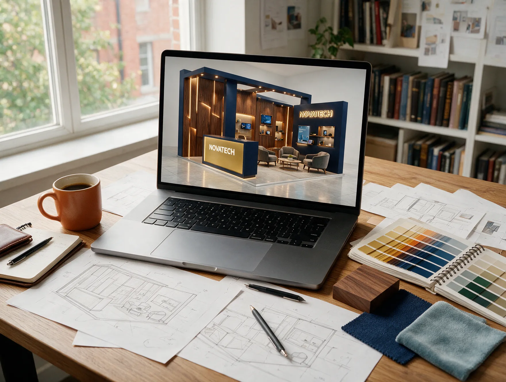 Notebook exibindo render 3D de stand ao lado de amostras de cores, madeira e tecido