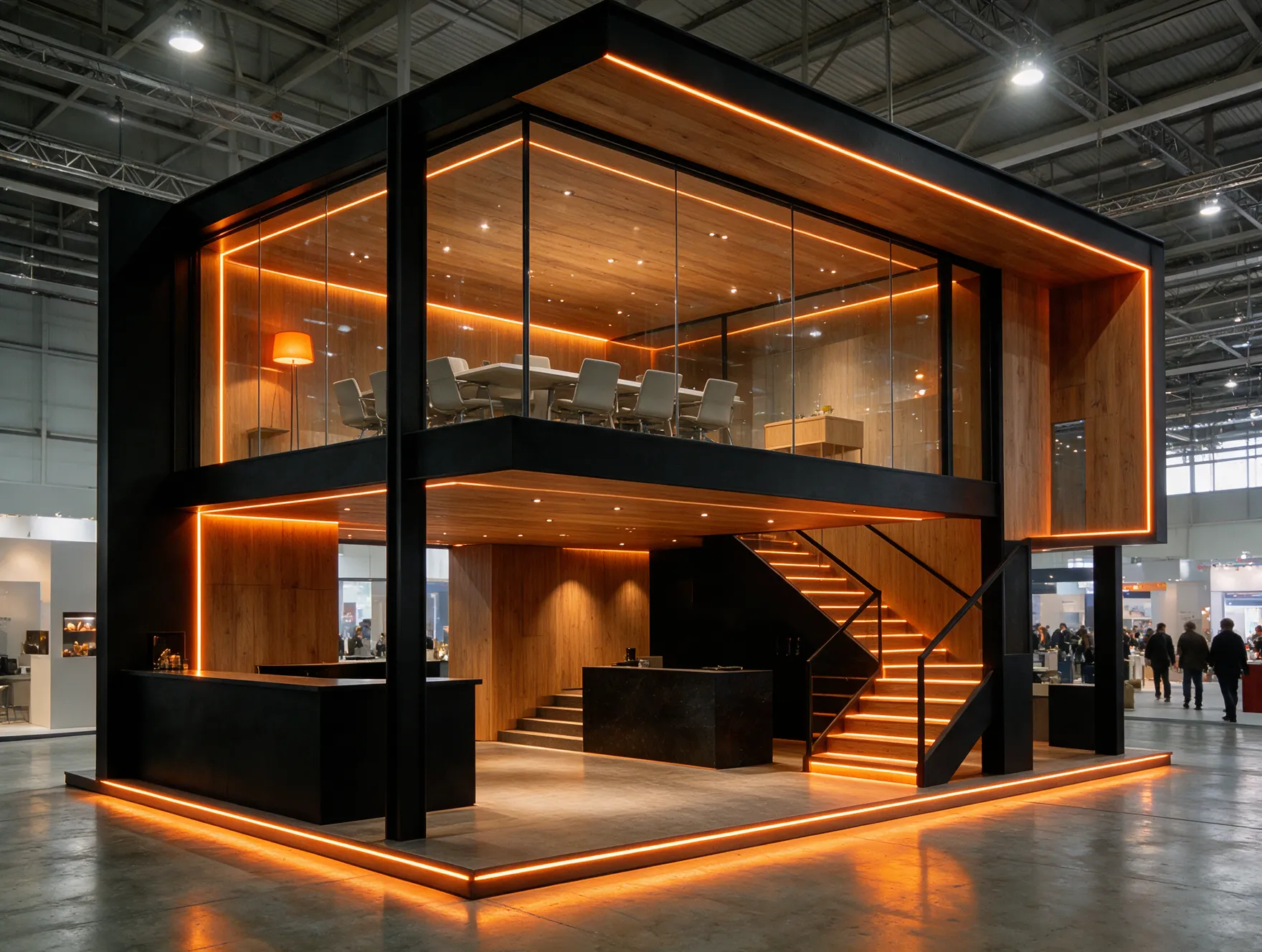 Stand de dos pisos con lounge de reunión, estructura negra, madera y luces naranjas